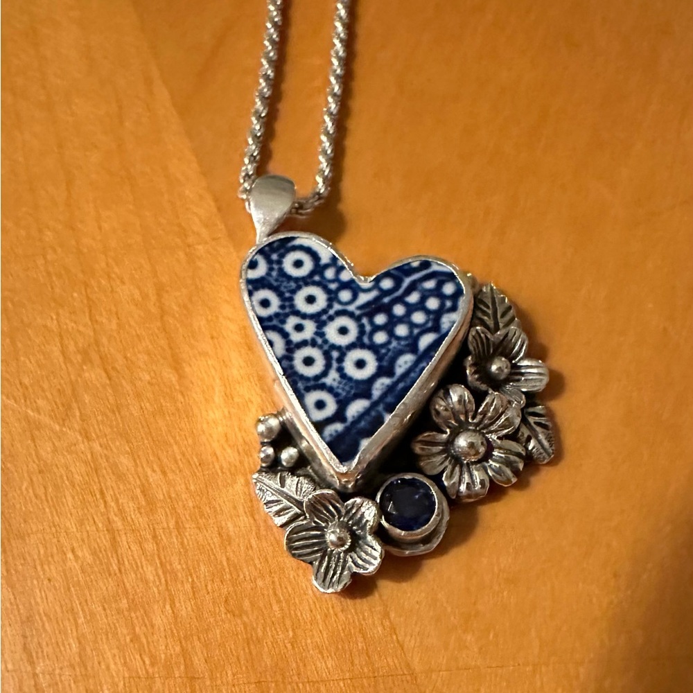 Sterling silver and antique china heart necklace